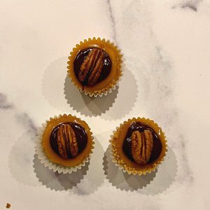 Mini Pumpkin Cheesecakes with Caramel, Chocolate Ganache & Pecans