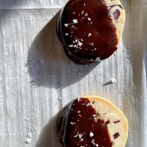 Cranberry Orange Shortbread Cookies with Dark Chocolate and Flaked Sea Salt